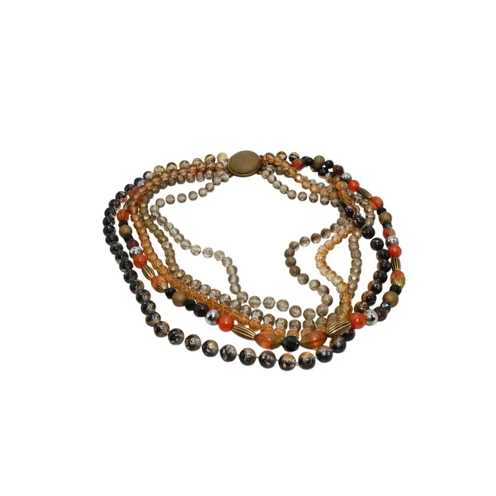 Vintage 1950s Five Strand Earth Tone Beaded Necklace Button Box Clasp